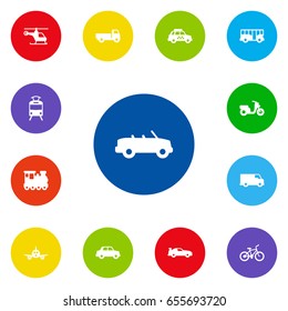 Set Of 13 Traffic Icons Set.Collection Of Taxicab, Streetcar, Lorry And Other Elements.