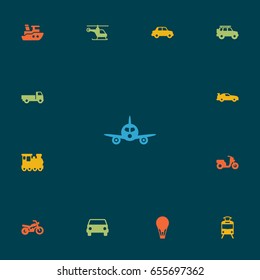 Set Of 13 Traffic Icons Set.Collection Of Streetcar, Aircraft, Copter And Other Elements.