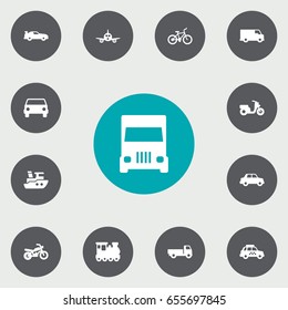 Set Of 13 Traffic Icons Set.Collection Of Taxicab, Wagon, Lorry And Other Elements.