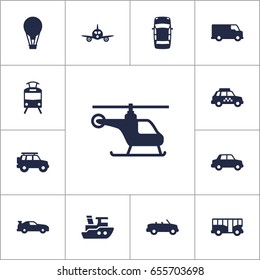Set Of 13 Traffic Icons Set.Collection Of Taxi cab, Airship, Coupe And Other Elements.