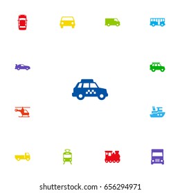 Set Of 13 Traffic Icons Set.Collection Of Truck, Taxicab, Car And Other Elements.