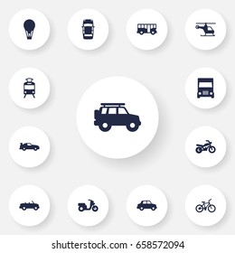 Set Of 13 Traffic Icons Set.Collection Of Bicycle, Coupe, Cabriolet And Other Elements.