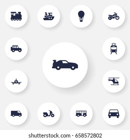 Set Of 13 Traffic Icons Set.Collection Of Aircraft, Wagon, Car And Other Elements.