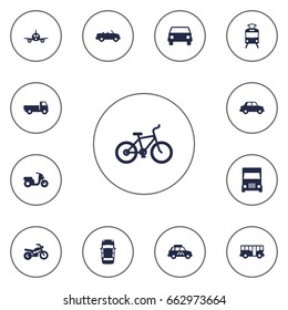 Set Of 13 Traffic Icons Set.Collection Of Panorama, Car, Streetcar And Other Elements.