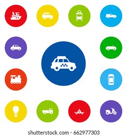 Set Of 13 Traffic Icons Set.Collection Of Boat, Streetcar, Aircraft And Other Elements.