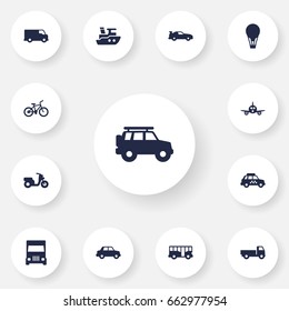 Set Of 13 Traffic Icons Set.Collection Of Caravan, Boat, Taxicab And Other Elements.