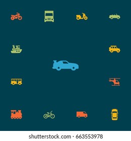 Set Of 13 Traffic Icons Set.Collection Of Caravan, Panorama, Cabriolet And Other Elements.