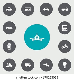 Set Of 13 Traffic Icons Set.Collection Of Cabriolet, Copter, Caravan And Other Elements.