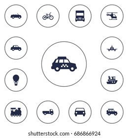 Set Of 13 Traffic Icons Set.Collection Of Hatchback, Wagon, Copter And Other Elements.