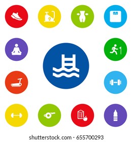 Set Of 13 Training Icons Set.Collection Of Treadmill, Blower, Drink And Other Elements.
