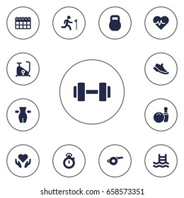 Set Of 13 Training Icons Set.Collection Of Basin, Running, Weights And Other Elements.