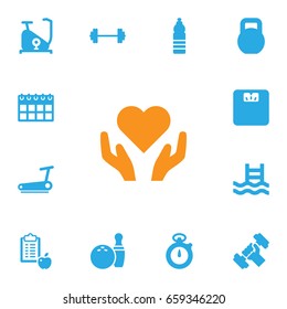 Set Of 13 Training Icons Set.Collection Of Basin, Drink, Training Bicycle And Other Elements.