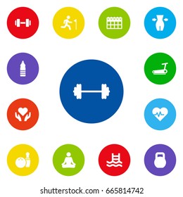 Set Of 13 Training Icons Set.Collection Of Slimming, Weights, Running And Other Elements.