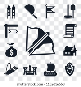 Set Of 13 transparent editable icons such as Crossbow, Shield, Viking ship, Castle, Quiver, House, Money bag, Scroll, , web ui icon pack, transparency set
