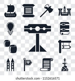 Set Of 13 transparent editable icons such as Pillory, Excalibur, Scroll, Standard, Tower, , Beer, Book, Necklace, web ui icon pack, transparency set