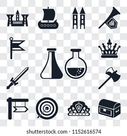 Set Of 13 transparent editable icons such as Alchemy, Chest, Crown, Archery, , Axe, Sword, Flag, web ui icon pack, transparency set