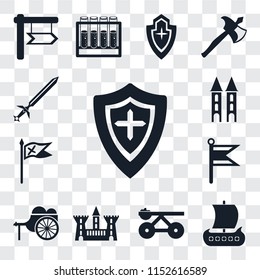 Set Of 13 transparent editable icons such as Shield, Viking ship, Trebuchet, Castle, Wheelbarrow, Flag, Tower, Sword, web ui icon pack, transparency set