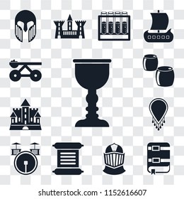 Set Of 13 transparent editable icons such as Goblet, Book, Helmet, Scroll, Drum, Necklace, Castle, Beer, Trebuchet, web ui icon pack, transparency set
