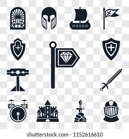 Set Of 13 transparent editable icons such as Standard, Helmet, Excalibur, Castle, Drum, Sword, Pillory, Shield, web ui icon pack, transparency set