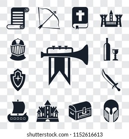 Set Of 13 transparent editable icons such as Fanfare, Armour, Chest, Castle, Viking ship, Sword, Shield, Wine, Helmet, web ui icon pack, transparency set