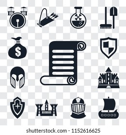 Set Of 13 transparent editable icons such as Scroll, Viking ship, Helmet, Castle, Shield, Armour, Money bag, web ui icon pack, transparency set