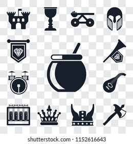 Set Of 13 transparent editable icons such as Cauldron, Axe, Viking, Crown, Alchemy, Lute, Drum, Fanfare, Standard, web ui icon pack, transparency set