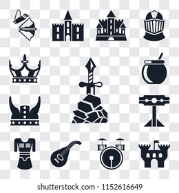 Set Of 13 transparent editable icons such as Excalibur, Castle, Drum, Lute, Tunic, Pillory, Viking, Cauldron, Crown, web ui icon pack, transparency set