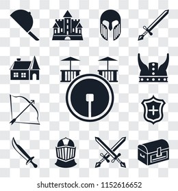 Set Of 13 transparent editable icons such as Drum, Chest, Swords, Helmet, Sword, Shield, Bow and arrow, Viking, House, web ui icon pack, transparency set