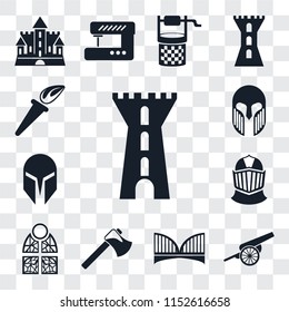 Set Of 13 transparent editable icons such as Tower, Cannon, Bridge, Axe, Stained glass, Helmet, Armour, Torch, web ui icon pack, transparency set