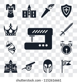 Set Of 13 transparent editable icons such as Sewing machine, Flag, Armour, Cannon, Castle, Drum, Crossbow, Sword, Crown, web ui icon pack, transparency set