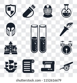 Set Of 13 transparent editable icons such as Alchemy, Cannon, Sewing machine, Scroll, Caravel, Drum, Castle, Torch, Armour, web ui icon pack, transparency set