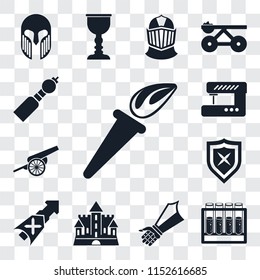 Set Of 13 transparent editable icons such as Torch, Alchemy, Gauntlet, Castle, Lance, Shield, Cannon, Sewing machine, Bladder pipe, web ui icon pack, transparency set
