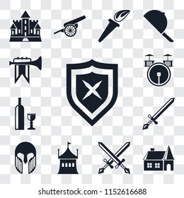 Set Of 13 transparent editable icons such as Shield, House, Swords, Tent, Armour, Sword, Wine, Drum, Fanfare, web ui icon pack, transparency set