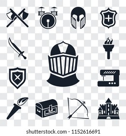 Set Of 13 transparent editable icons such as Helmet, Castle, Bow and arrow, Chest, Torch, Sewing machine, Shield, Sword, web ui icon pack, transparency set