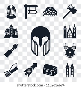 Set Of 13 transparent editable icons such as Armour, Tower, Chest, Lance, Gauntlet, Drum, Bladder pipe, Church, Castle, web ui icon pack, transparency set