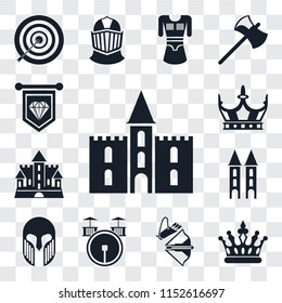 Set Of 13 transparent editable icons such as Castle, Crown, Crossbow, Drum, Armour, Tower, Standard, web ui icon pack, transparency set
