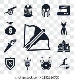 Set Of 13 transparent editable icons such as Crossbow, Witch, Drum, Banner, Shield, Castle, Torch, Gown, Money bag, web ui icon pack, transparency set