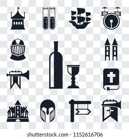 Set Of 13 transparent editable icons such as Wine, Trumpet, , Armour, Castle, Bible, Fanfare, Tower, Helmet, web ui icon pack, transparency set