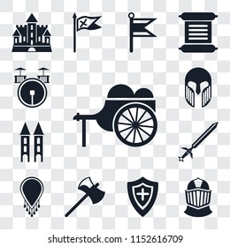 Set Of 13 transparent editable icons such as Wheelbarrow, Helmet, Shield, Axe, Necklace, Sword, Tower, Armour, Drum, web ui icon pack, transparency set