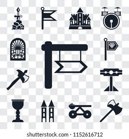 Set Of 13 transparent editable icons such as, Axe, Trebuchet, Tower, Goblet, Pillory, Standard, Stained glass window, web ui icon pack, transparency set
