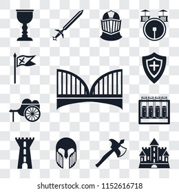 Set Of 13 transparent editable icons such as Bridge, Castle, Axe, Armour, Tower, Alchemy, Wheelbarrow, Shield, Flag, web ui icon pack, transparency set