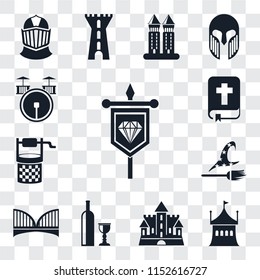 Set Of 13 transparent editable icons such as Banner, Tent, Castle, Wine, Bridge, Witch, Water well, Bible, Drum, web ui icon pack, transparency set
