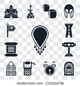 Set Of 13 transparent editable icons such as Necklace, Stained glass window, Drum, Water well, glass, Pillory, Scroll, Tower, Standard, web ui icon pack, transparency set