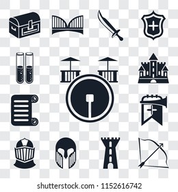 Set Of 13 transparent editable icons such as Drum, Bow and arrow, Tower, Armour, Helmet, Trumpet, Scroll, Castle, Alchemy, web ui icon pack, transparency set