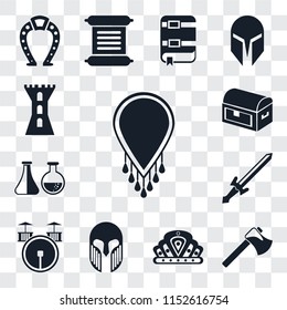 Set Of 13 transparent editable icons such as Necklace, Axe, Crown, Armour, Drum, Sword, Alchemy, Chest, Tower, web ui icon pack, transparency set