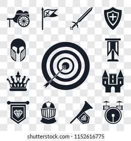 Set Of 13 transparent editable icons such as Archery, Drum, Fanfare, Helmet, Standard, Castle, Crown, Armour, web ui icon pack, transparency set