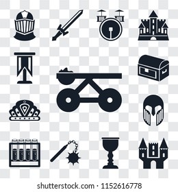 Set Of 13 transparent editable icons such as Trebuchet, Castle, Goblet, Morning star, Alchemy, Armour, Crown, Chest, Standard, web ui icon pack, transparency set