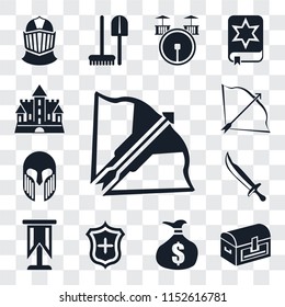 Set Of 13 transparent editable icons such as Crossbow, Chest, Money bag, Shield, Standard, Sword, Armour, Bow and arrow, Castle, web ui icon pack, transparency set