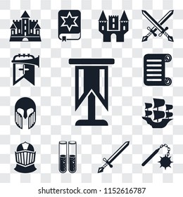 Set Of 13 transparent editable icons such as Standard, Morning star, Sword, Alchemy, Helmet, Caravel, Armour, Scroll, Trumpet, web ui icon pack, transparency set