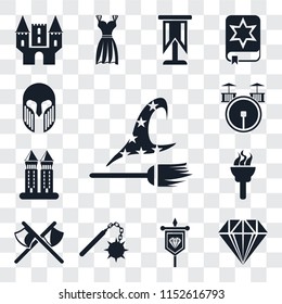 Set Of 13 transparent editable icons such as Witch, Jewelry, Banner, Morning star, Axes, Torch, Tower, Drum, Armour, web ui icon pack, transparency set